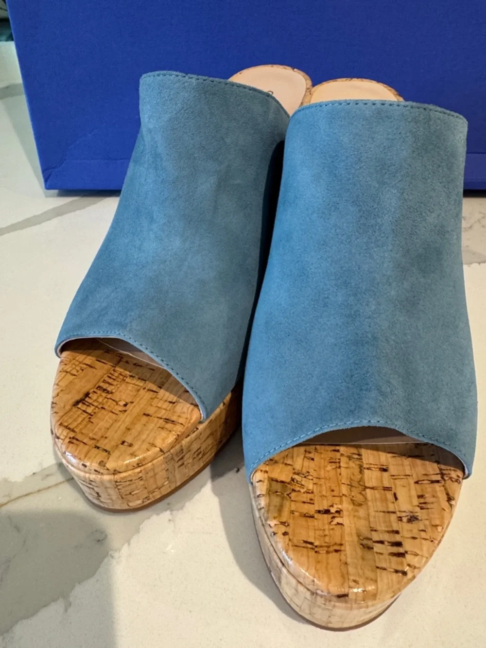 Stuart Weitzman Teal Blue Suede Cork Wedge Mules 10